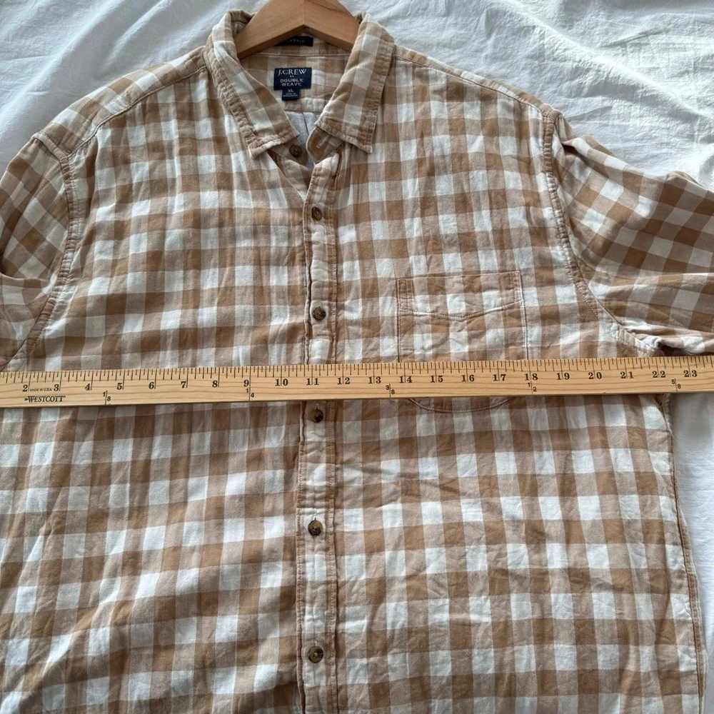 J. Crew Men’s Double Weave Tan and White Checkered Shirt, Size XL